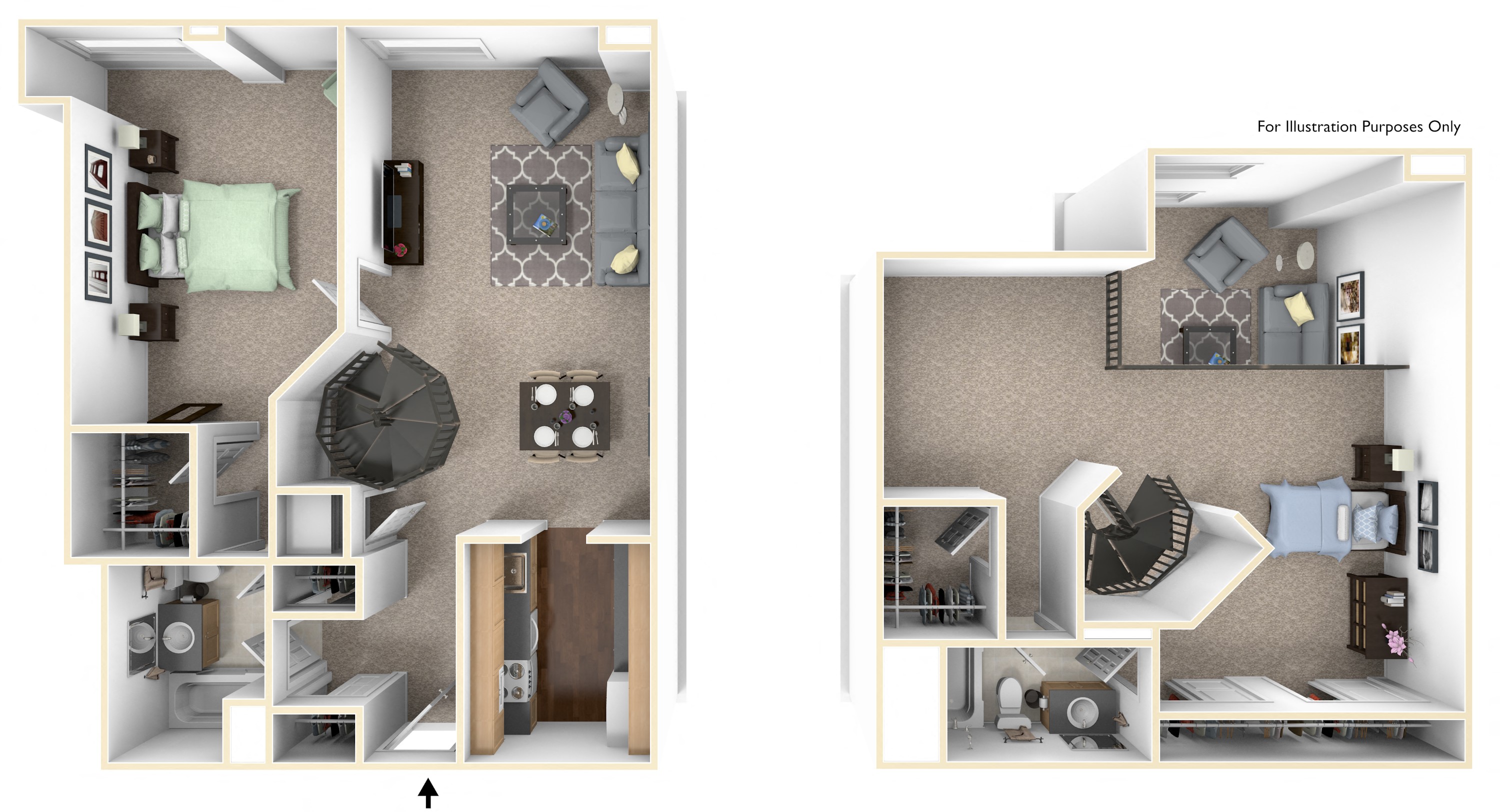 Floor plan for 2 beds, 2 baths, 1370 sqft
